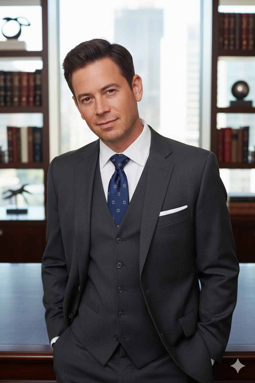 Man in a suit leaning on a vintage car